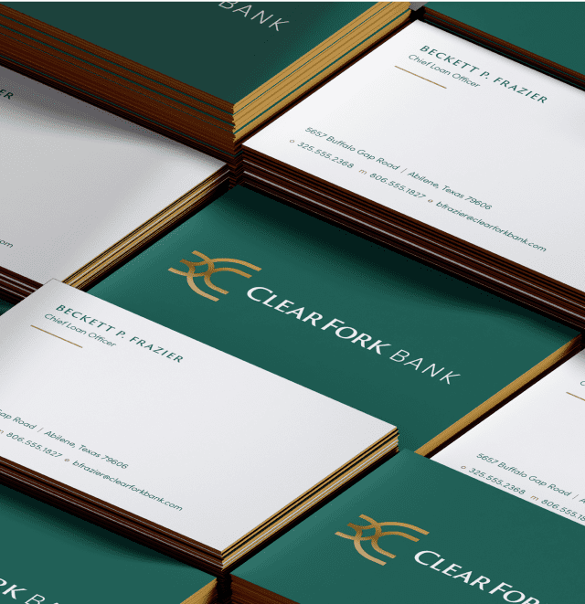 Business card system for Clear Fork Bank rebranding. 